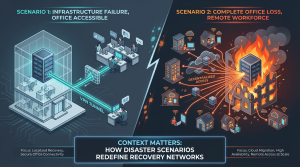 Infographic comparing two disaster recovery scenarios: Scenario 1 shows infrastructure failure with office accessible using a single VPN tunnel for localized recovery; Scenario 2 shows complete office loss with remote workforce requiring decentralized access through multiple individual connections to cloud infrastructure.